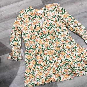 Pomander Place Floral Mini Dress in White, Green & Orange